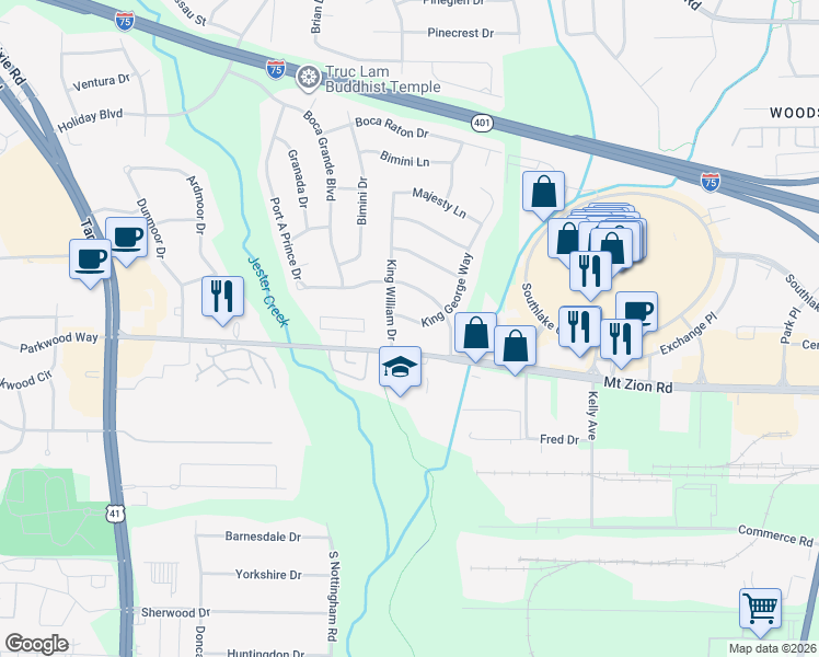 map of restaurants, bars, coffee shops, grocery stores, and more near 6640 King George Way in Morrow