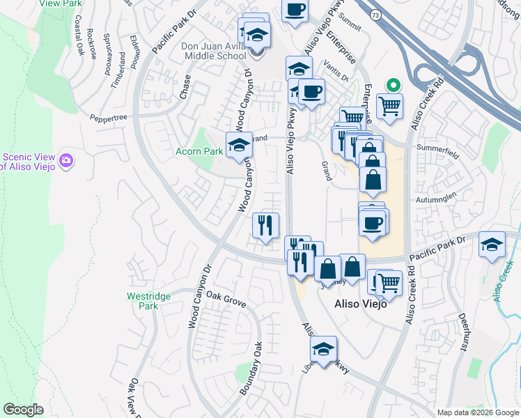 map of restaurants, bars, coffee shops, grocery stores, and more near 37 Picket Lane in Aliso Viejo