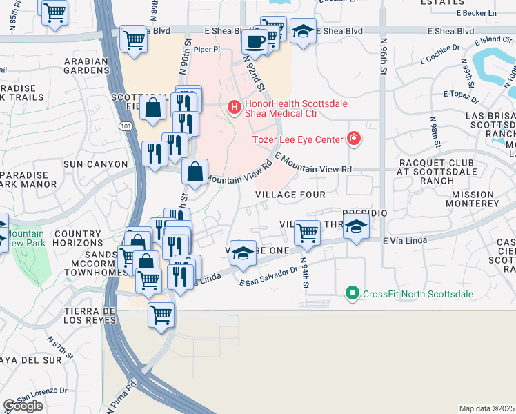 map of restaurants, bars, coffee shops, grocery stores, and more near 9115 East Purdue Avenue in Scottsdale