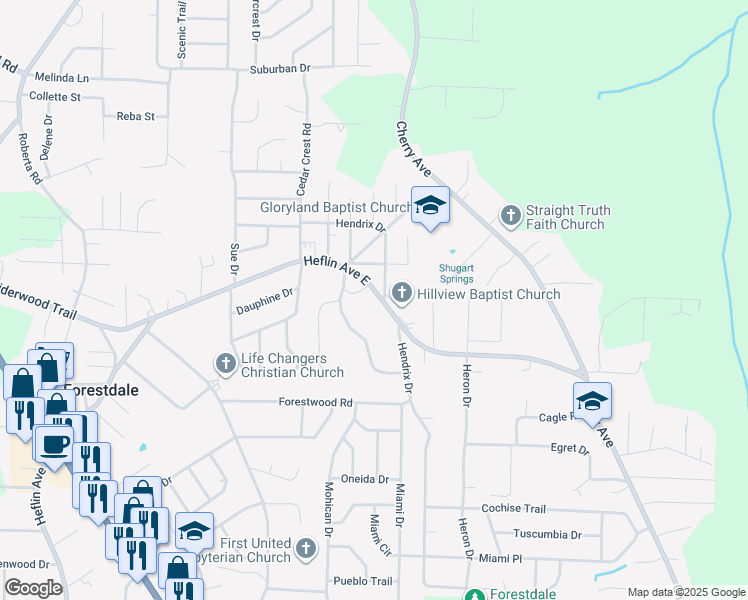 map of restaurants, bars, coffee shops, grocery stores, and more near 783 Heflin Avenue East in Birmingham