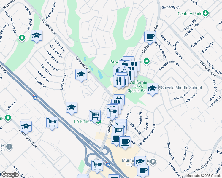 map of restaurants, bars, coffee shops, grocery stores, and more near 24350 Jackson Avenue in Murrieta