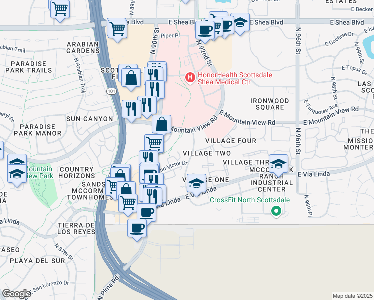 map of restaurants, bars, coffee shops, grocery stores, and more near 9700 North 91st Street in Scottsdale