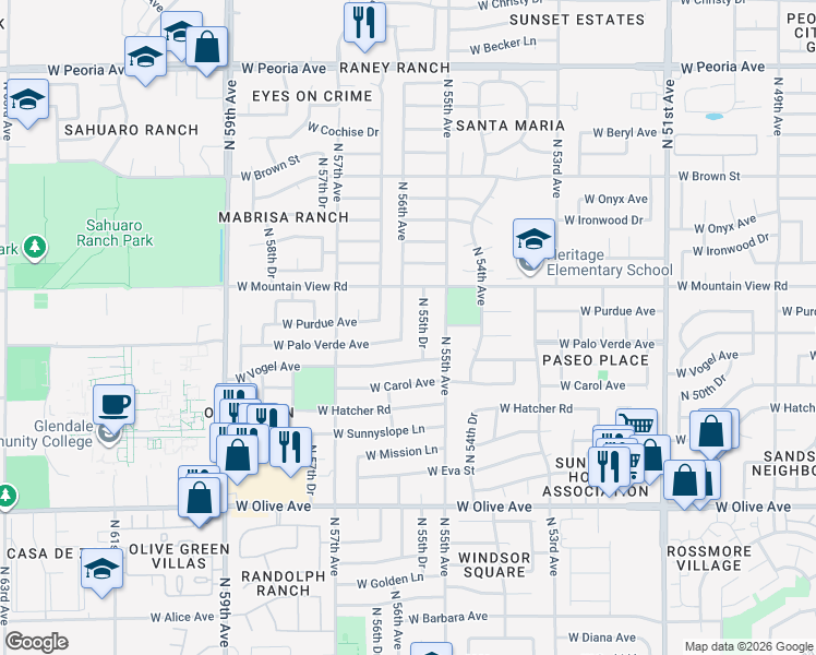 map of restaurants, bars, coffee shops, grocery stores, and more near 9615 North 56th Avenue in Glendale
