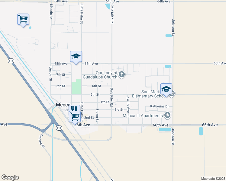map of restaurants, bars, coffee shops, grocery stores, and more near 91565 5th Street in Mecca