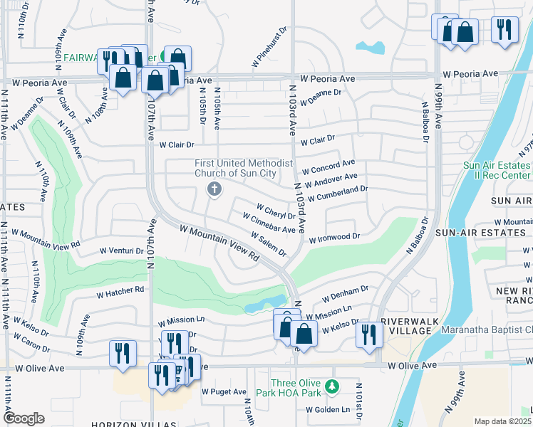 map of restaurants, bars, coffee shops, grocery stores, and more near 10349 West Cheryl Drive in Sun City