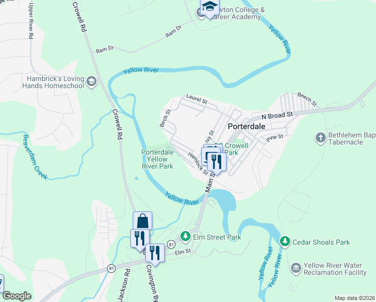 map of restaurants, bars, coffee shops, grocery stores, and more near 2 Hemlock Street in Porterdale