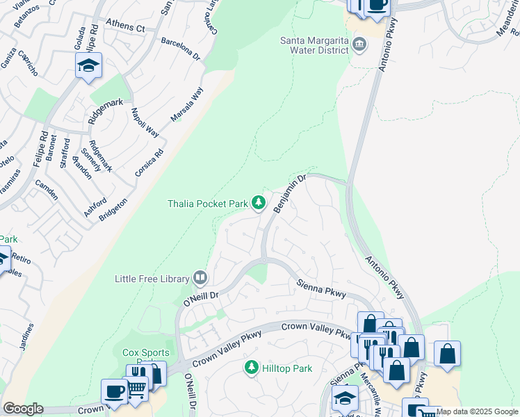 map of restaurants, bars, coffee shops, grocery stores, and more near 25 Thalia Street in Ladera Ranch