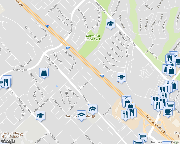 map of restaurants, bars, coffee shops, grocery stores, and more near 24062 Fuschia Court in Murrieta