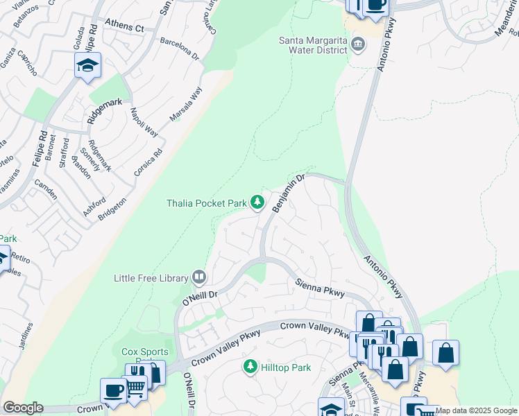 map of restaurants, bars, coffee shops, grocery stores, and more near 25 Thalia Street in Ladera Ranch