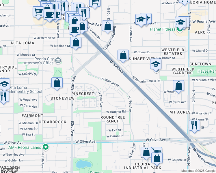 map of restaurants, bars, coffee shops, grocery stores, and more near 7951 West Whitney Drive in Peoria
