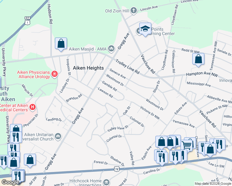 map of restaurants, bars, coffee shops, grocery stores, and more near 3505 Gamble Road in Aiken