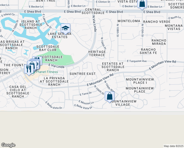 map of restaurants, bars, coffee shops, grocery stores, and more near 9448 North 106th Place in Scottsdale