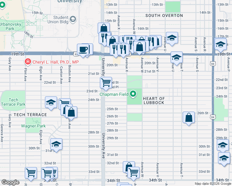 map of restaurants, bars, coffee shops, grocery stores, and more near 2407 23rd Street in Lubbock
