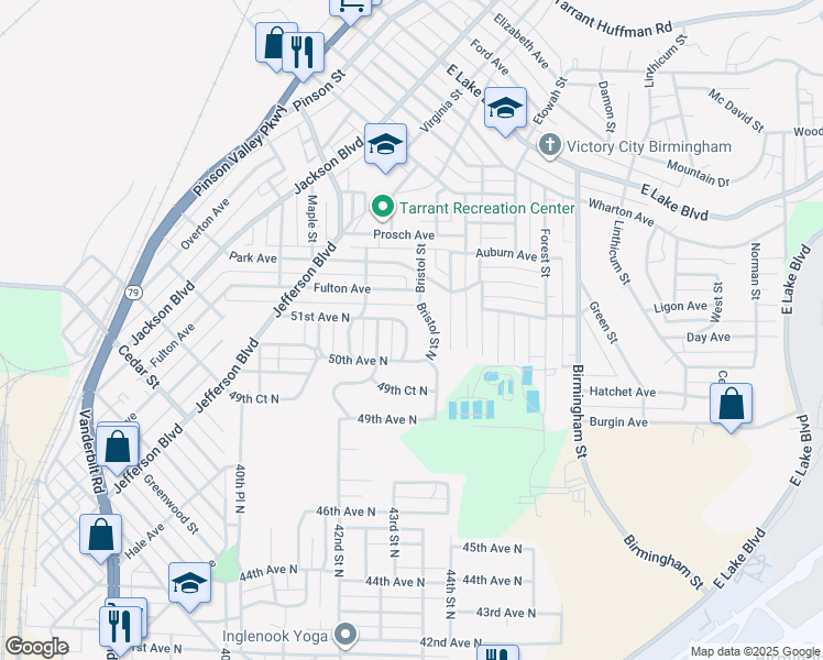 map of restaurants, bars, coffee shops, grocery stores, and more near 5016 43rd Place North in Birmingham