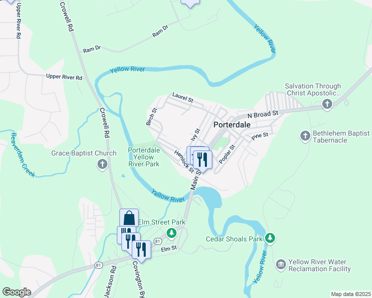 map of restaurants, bars, coffee shops, grocery stores, and more near 3 Ivy Street in Porterdale