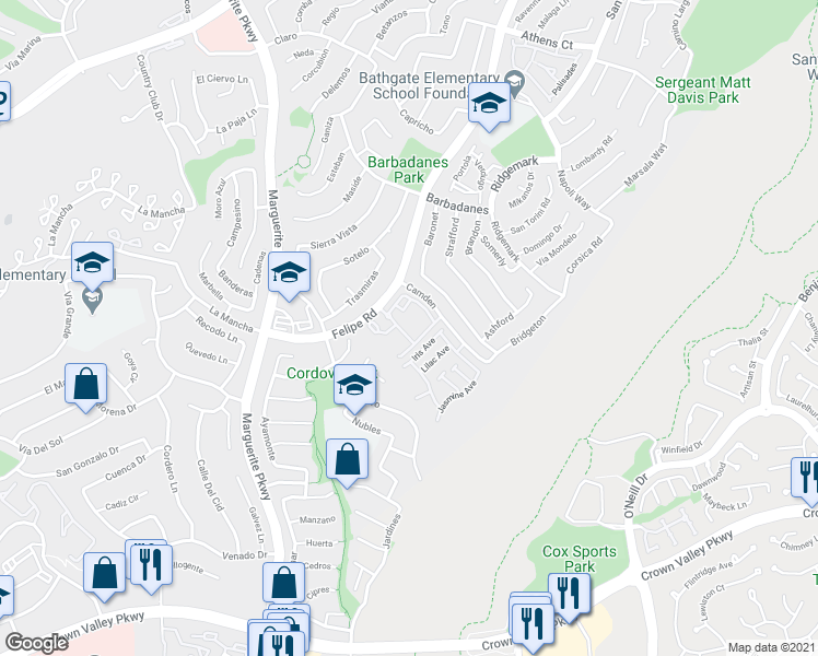 map of restaurants, bars, coffee shops, grocery stores, and more near 27444 Camden in Mission Viejo