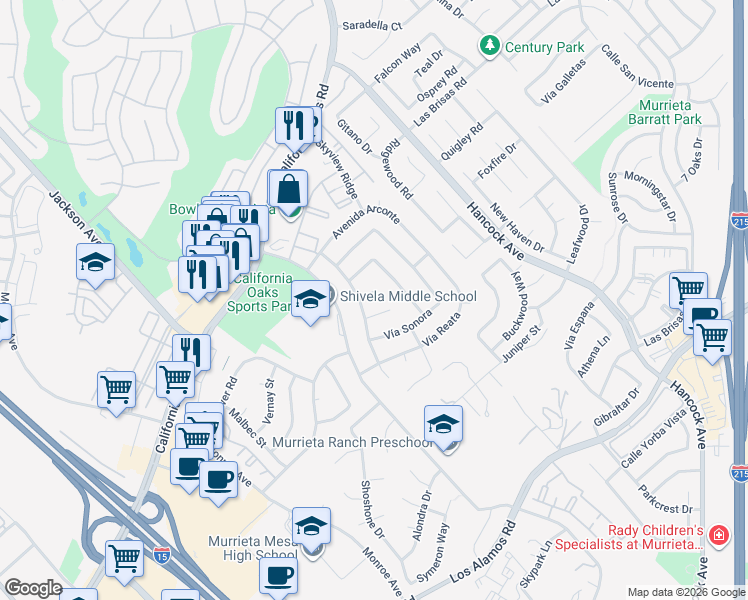 map of restaurants, bars, coffee shops, grocery stores, and more near 40342 Corte Campeon in Murrieta