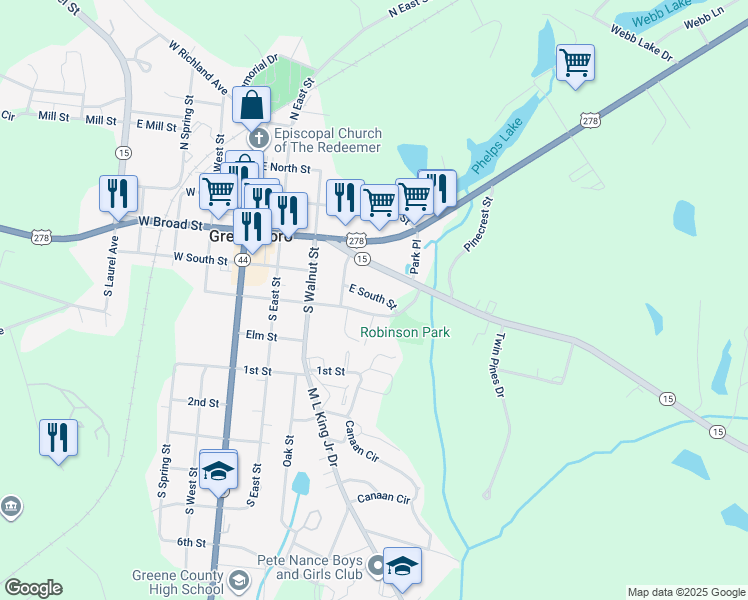 map of restaurants, bars, coffee shops, grocery stores, and more near 413 East South Street in Greensboro