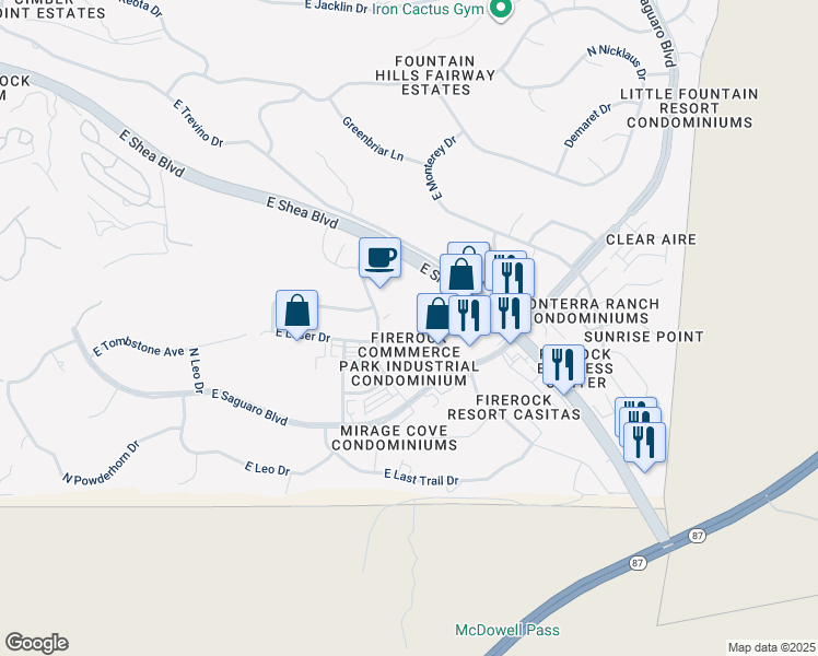 map of restaurants, bars, coffee shops, grocery stores, and more near 16825 East Shea Boulevard in Fountain Hills