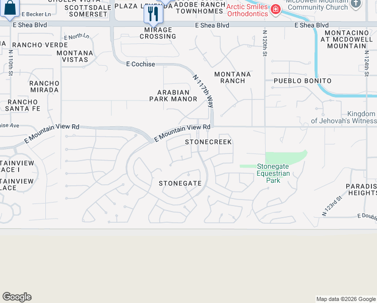 map of restaurants, bars, coffee shops, grocery stores, and more near 9535 North 117th Street in Scottsdale