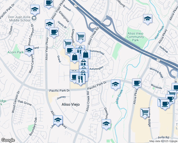 map of restaurants, bars, coffee shops, grocery stores, and more near 1 Overture Lane in Aliso Viejo