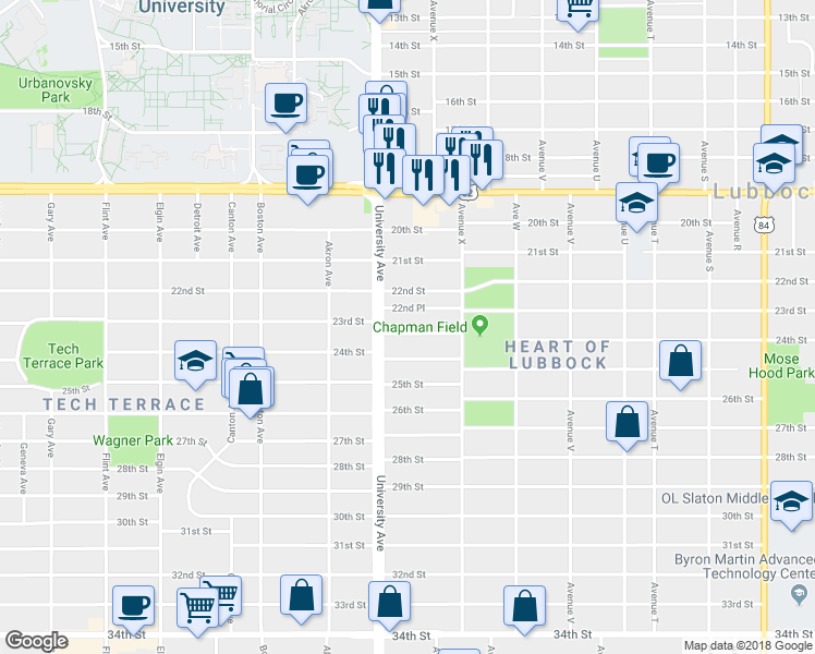 map of restaurants, bars, coffee shops, grocery stores, and more near 2426 23rd Street in Lubbock