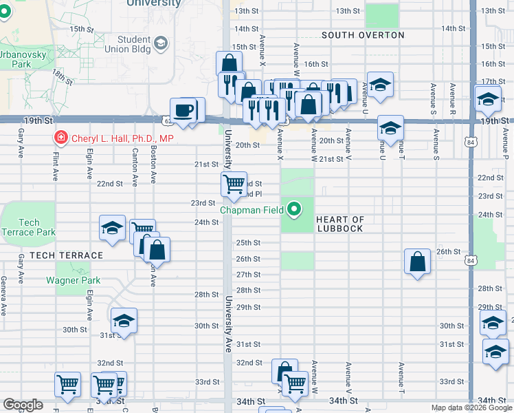 map of restaurants, bars, coffee shops, grocery stores, and more near 2407 23rd Street in Lubbock