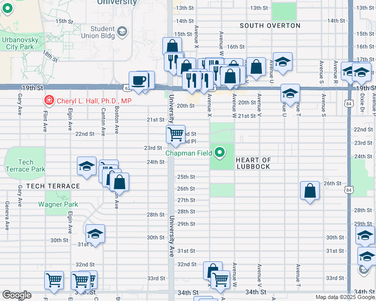 map of restaurants, bars, coffee shops, grocery stores, and more near 2427 23rd Street in Lubbock