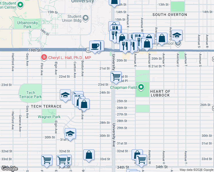 map of restaurants, bars, coffee shops, grocery stores, and more near 2506 24th Street in Lubbock