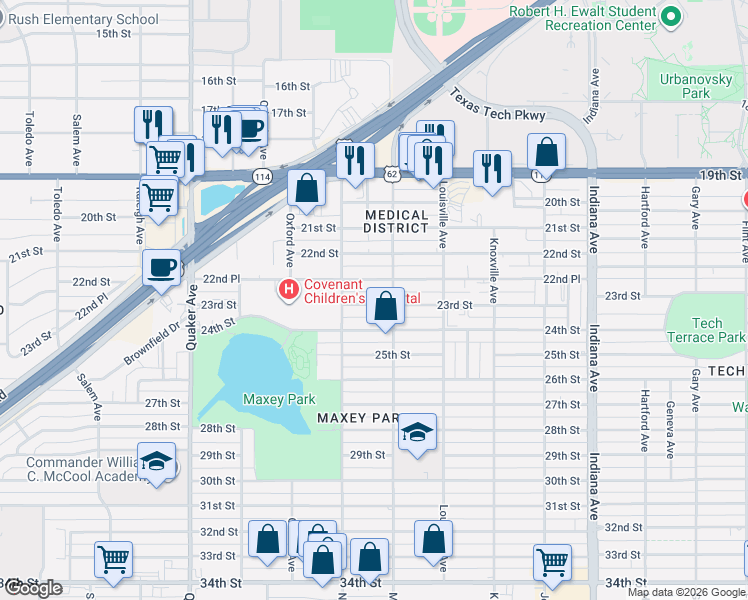 map of restaurants, bars, coffee shops, grocery stores, and more near 3815 23rd Street in Lubbock
