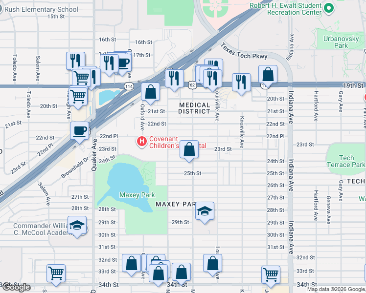 map of restaurants, bars, coffee shops, grocery stores, and more near 3815 23rd Street in Lubbock