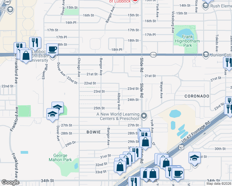 map of restaurants, bars, coffee shops, grocery stores, and more near 5308 24th Street in Lubbock
