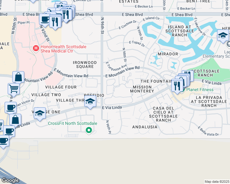 map of restaurants, bars, coffee shops, grocery stores, and more near 9707 East Mountain View Road in Scottsdale