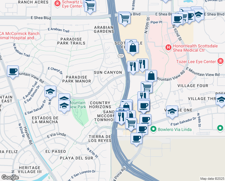 map of restaurants, bars, coffee shops, grocery stores, and more near 8787 East Mountain View Road in Scottsdale