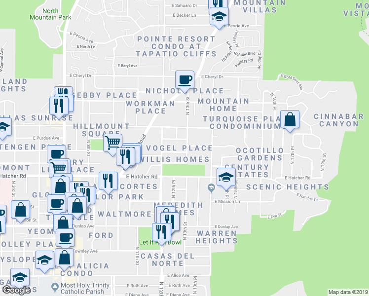 map of restaurants, bars, coffee shops, grocery stores, and more near 9509 North 13th Street in Phoenix