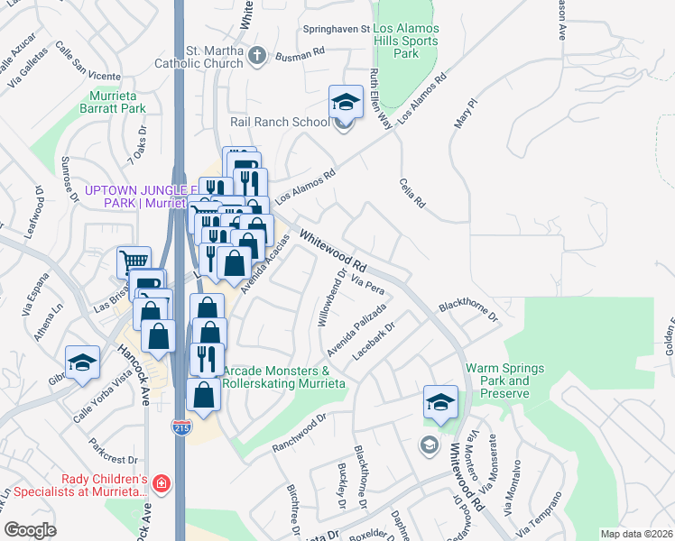 map of restaurants, bars, coffee shops, grocery stores, and more near 39671 Willowbend Drive in Murrieta
