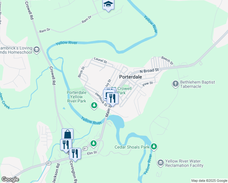 map of restaurants, bars, coffee shops, grocery stores, and more near 5 Cotton Street in Porterdale