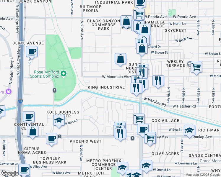 map of restaurants, bars, coffee shops, grocery stores, and more near 9601 N 21st Dr in Phoenix