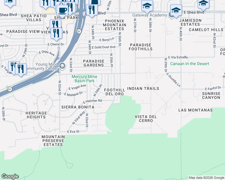 map of restaurants, bars, coffee shops, grocery stores, and more near 9435 North 35th Place in Phoenix