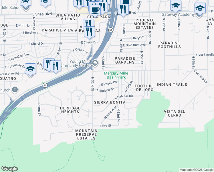 map of restaurants, bars, coffee shops, grocery stores, and more near 3257 East Vogel Avenue in Phoenix