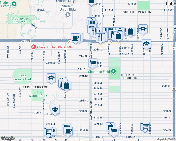 map of restaurants, bars, coffee shops, grocery stores, and more near 2505 23rd Street in Lubbock