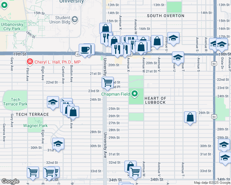 map of restaurants, bars, coffee shops, grocery stores, and more near 2427 23rd Street in Lubbock