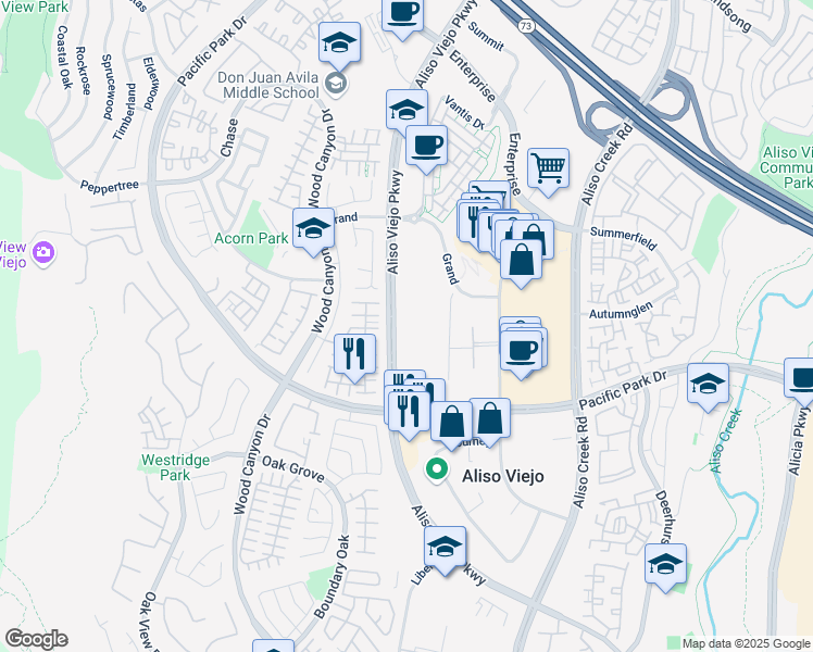 map of restaurants, bars, coffee shops, grocery stores, and more near 26800 Aliso Viejo Parkway in Aliso Viejo