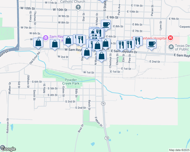 map of restaurants, bars, coffee shops, grocery stores, and more near 1 North Main Street in Bonham