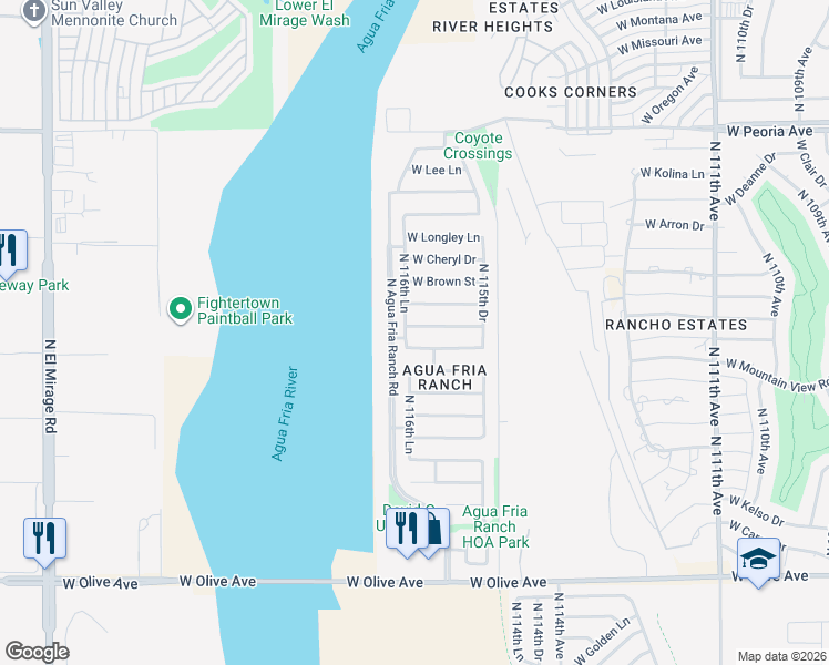 map of restaurants, bars, coffee shops, grocery stores, and more near 10264 North 116th Lane in Youngtown