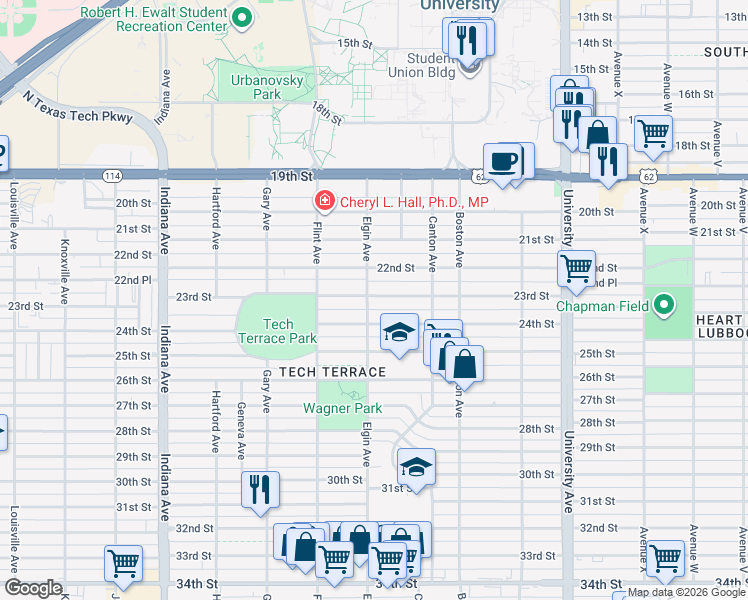 map of restaurants, bars, coffee shops, grocery stores, and more near 2828 24th Street in Lubbock