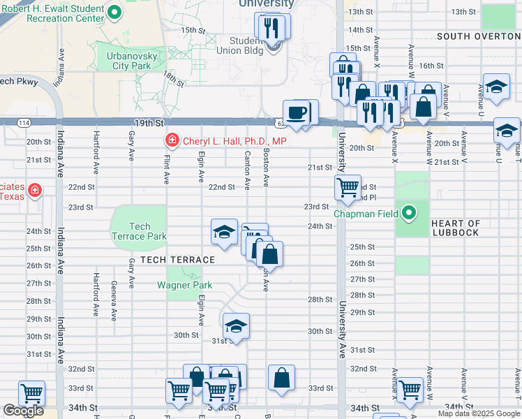 map of restaurants, bars, coffee shops, grocery stores, and more near 2704 24th Street in Lubbock