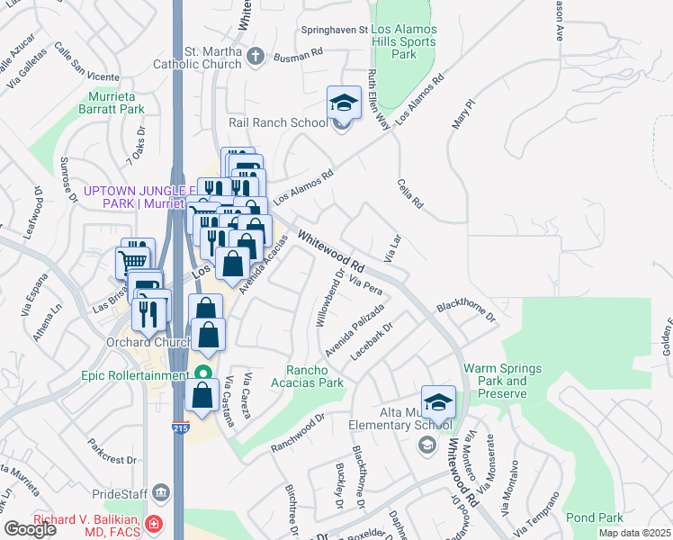 map of restaurants, bars, coffee shops, grocery stores, and more near 39671 Willowbend Drive in Murrieta