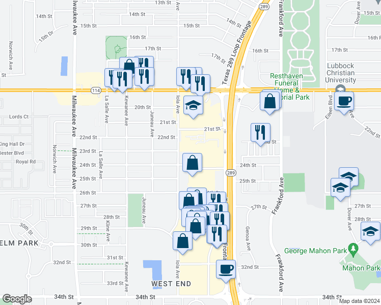 map of restaurants, bars, coffee shops, grocery stores, and more near 6040 24th Street in Lubbock