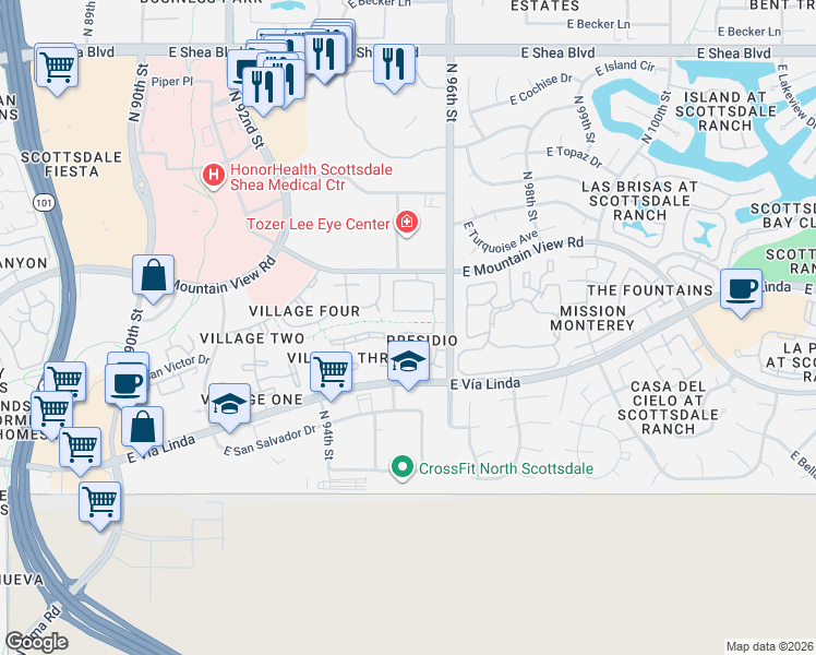 map of restaurants, bars, coffee shops, grocery stores, and more near 9460 East Mission Lane in Scottsdale